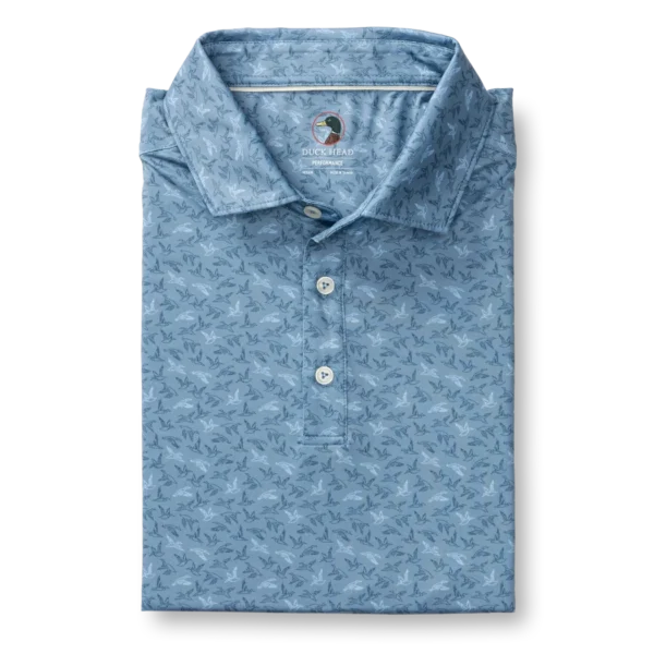 Duckhead Long Drive Performance Polo - Wingbeat Print - Chambray Blue