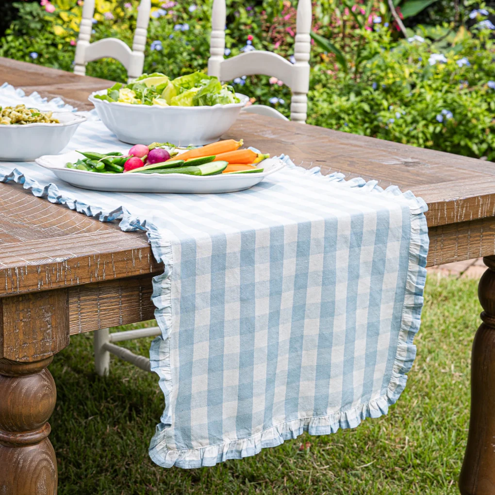 Juliska Gingham Ruffle 18" x 90" Table Runner - Ocean