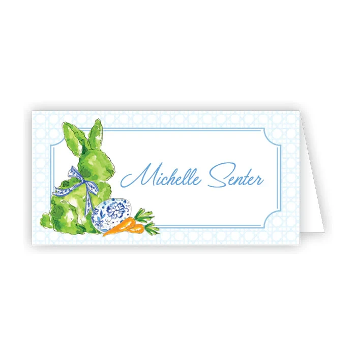 Rosanne Beck Topiary Bunny, Egg and Carrot on Blue Cane Trellis Placecard, 10 Pack