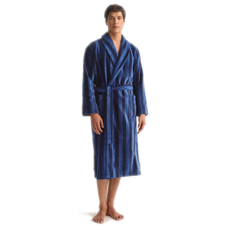 Derek Rose Aston Terry Cotton Navy Blue Bathrobe