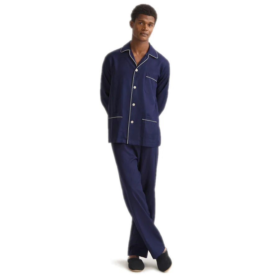 Derek Rose Cotton Jacquard Rose Star Pattern Pajama Set - Navy Blue