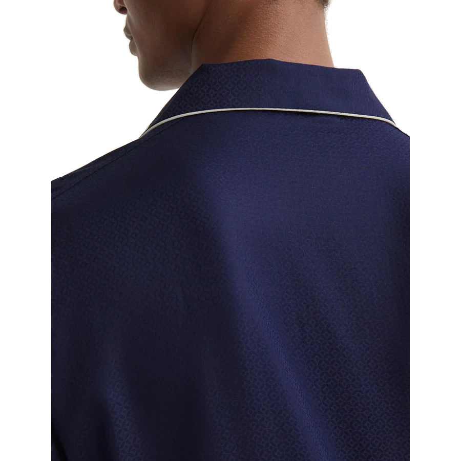 Derek Rose Cotton Jacquard Rose Star Pattern Pajama Set - Navy Blue