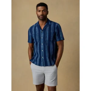 Faherty Short-Sleeve Indigo Camp Shirt - Northern Blue Indigo Stripe