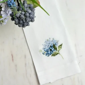 Arte Italica Hydrangea Embroidered Linen Towel - White with Blue