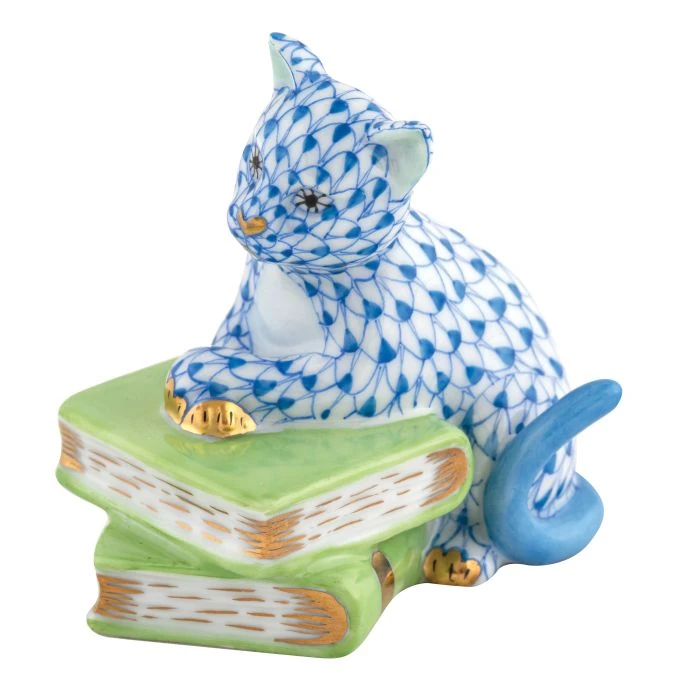 Herend Cat on Books Figurine - Blue