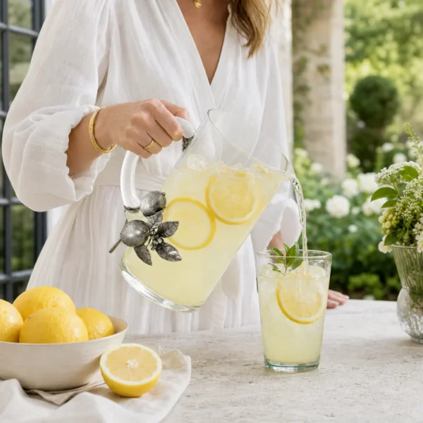 Vagabond House - Glass Pitcher with Pewter Lemon Bouquet Handle