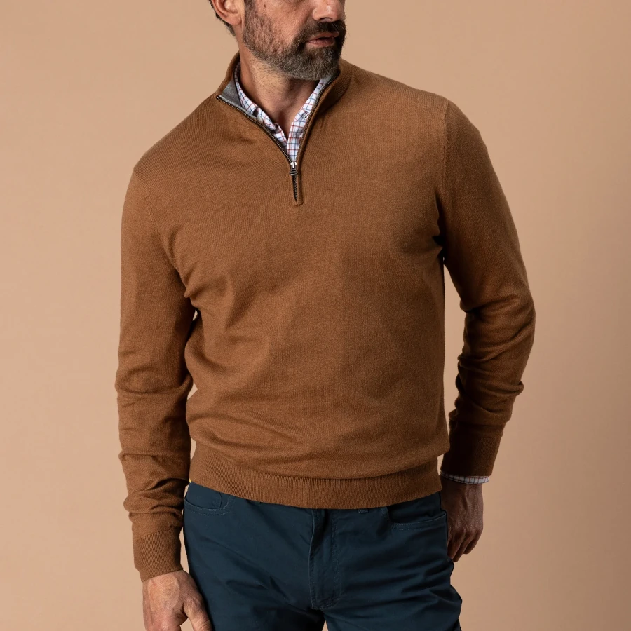 Duck Head Ridley Cotton Cashmere 1/4 Zip Sweater - Dark Amber Heather