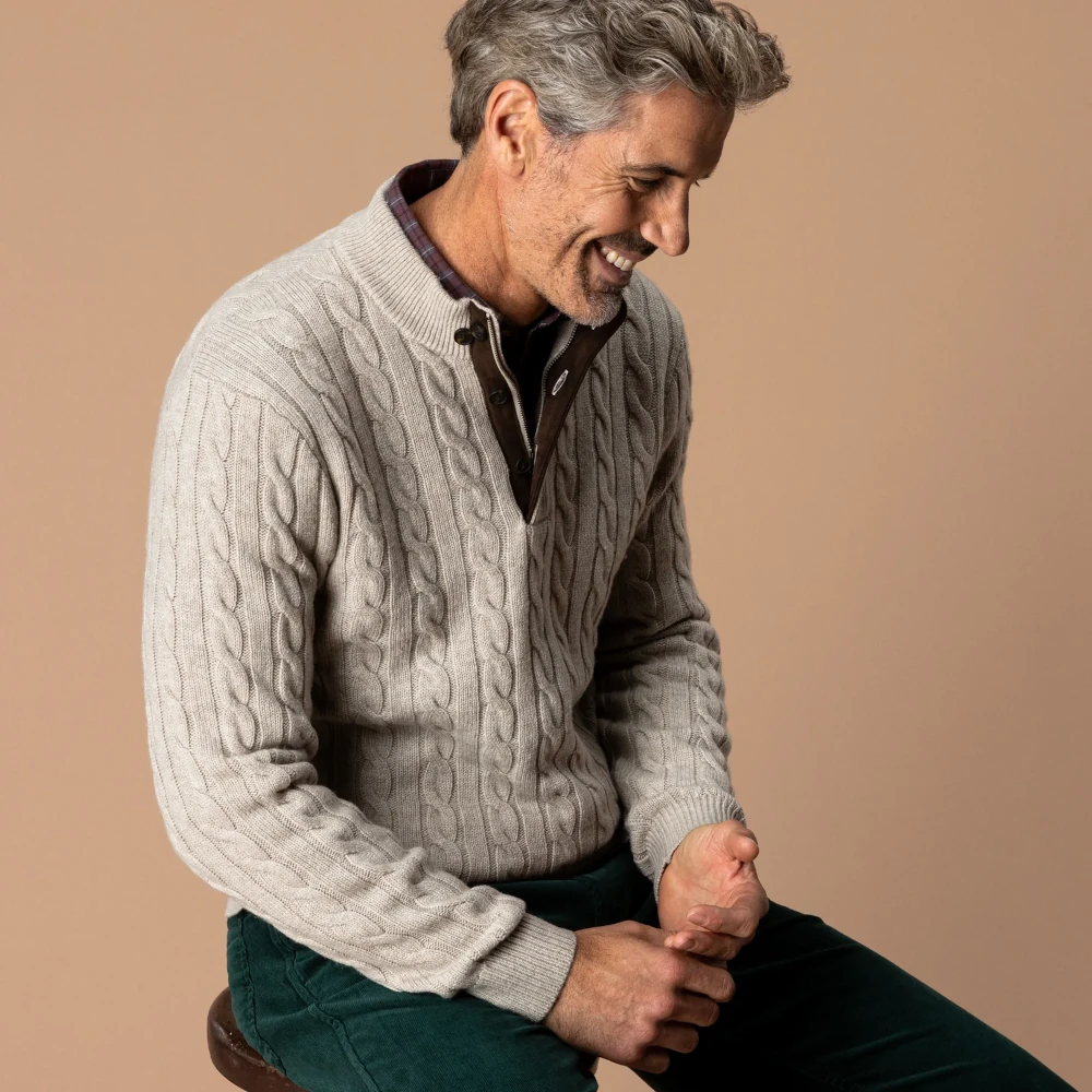 Duck Head Walcott Merino Cashmere Cable Knit 1/4 Zip Sweater - Stone Heather