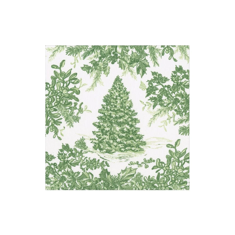 Caspari Christmas Tree Toile Sage/White Paper Linen Cocktail Napkins - Pack of 15