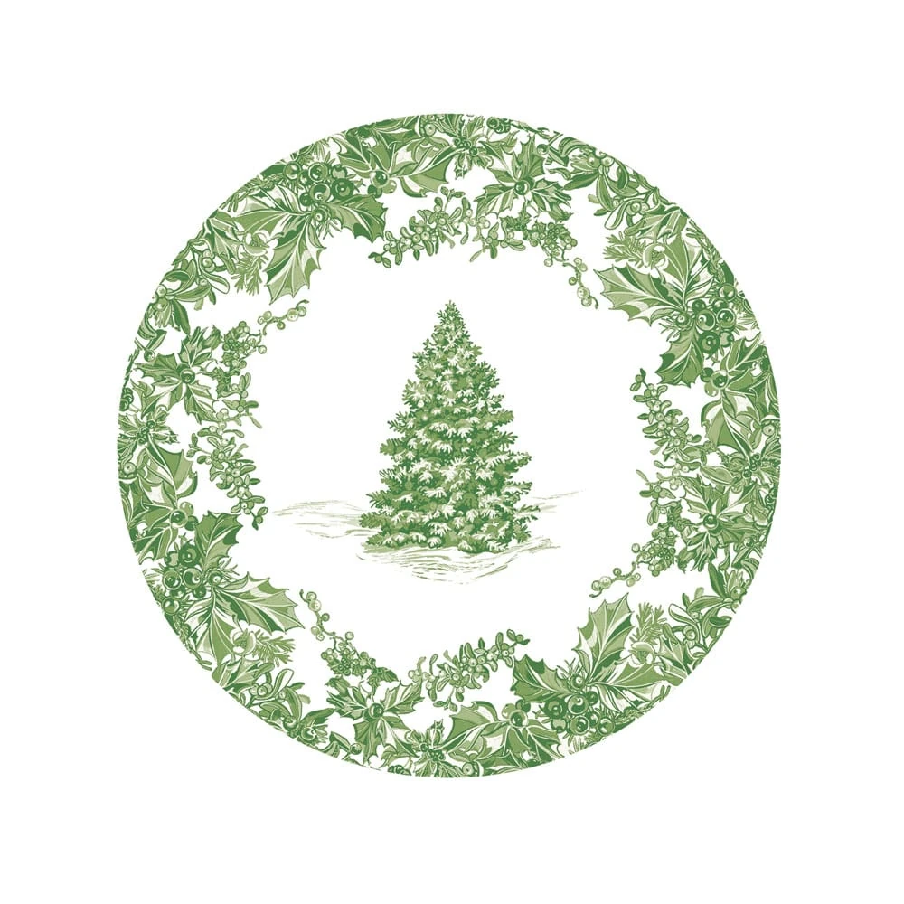 Caspari Christmas Tree Toile Sage/White Salad/Dessert Paper Plates - Pack of 8