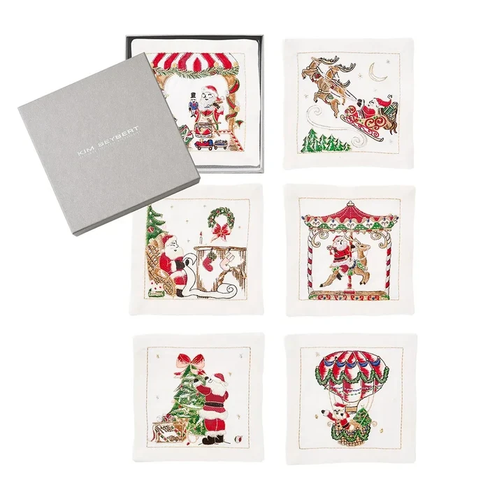 Kim Seybert Santa Cocktail Napkins - White & Multi, Set of 6