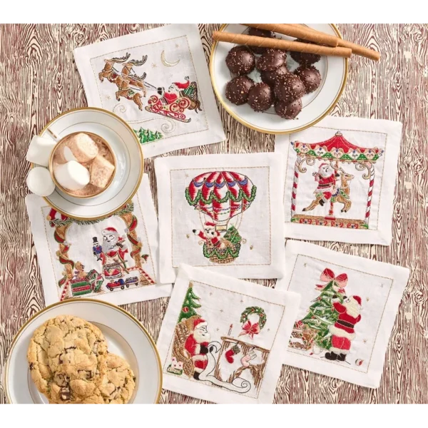 Kim Seybert Santa Cocktail Napkins - White & Multi, Set of 6