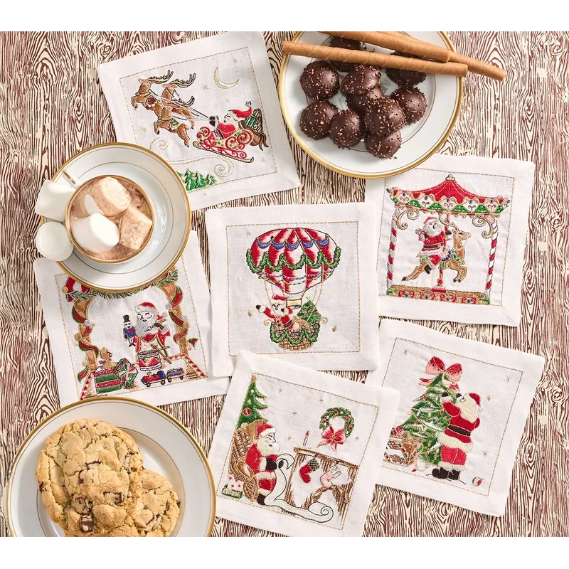 Kim Seybert Santa Cocktail Napkins - White & Multi, Set of 6