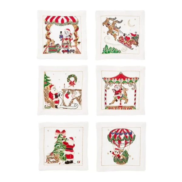 Kim Seybert Santa Cocktail Napkins - White & Multi, Set of 6